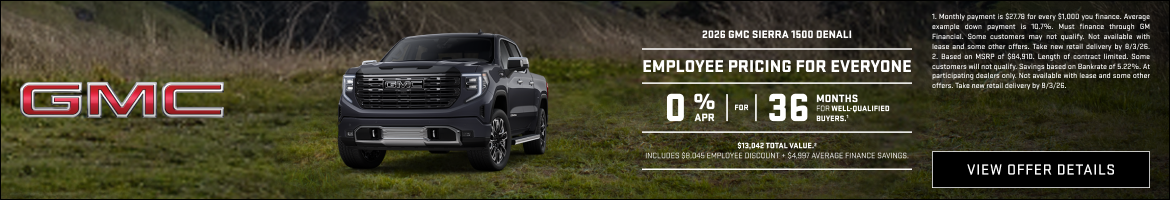 EMPLOYEE PRICING FOR EVERYONE

0% APR FOR 36 MONTHS for well-qualified buyers.1

$13,042 Total Va...